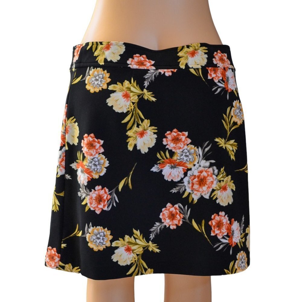 INC Women Zip-Front Mini Skirt Yellow Peach White Floral Pattern on Black Size L - Picture 4 of 9